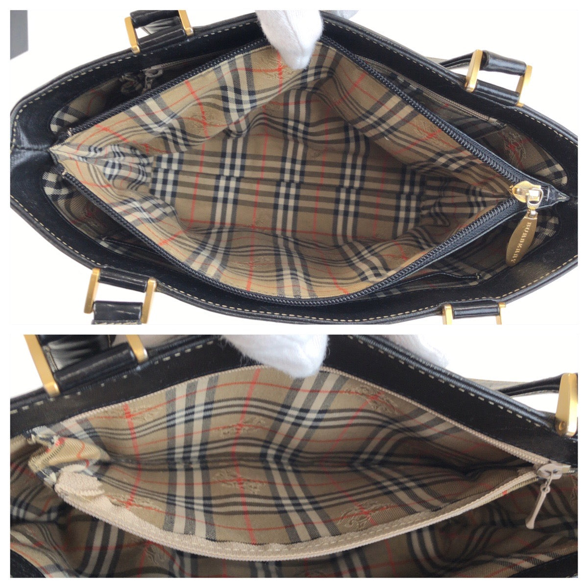 25679
BURBERRY バーバリー チェック柄 ブラック 黒 ゴールド金具 レザー トートバッグ ハンドバッグ レディース ABP28