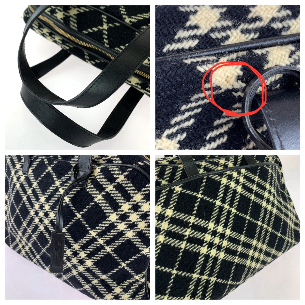 25683
BURBERRY バーバリー チェック柄 ブラック オフホワイト ゴールド金具 ウール / レザー ハンドバッグ ミニボストンバッグ レディース ABP28