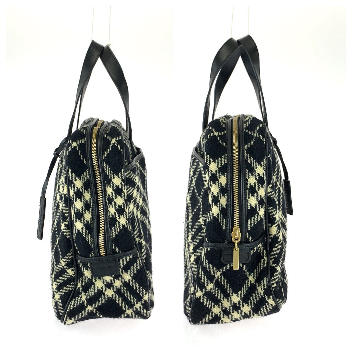 25683
BURBERRY バーバリー チェック柄 ブラック オフホワイト ゴールド金具 ウール / レザー ハンドバッグ ミニボストンバッグ レディース ABP28
