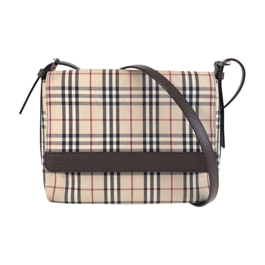 25690
BURBERRY バーバリー チェック柄 ベージュ ブラウン シルバー金具 キャンバス / レザー ショルダーバッグ ポシェット レディース AB28