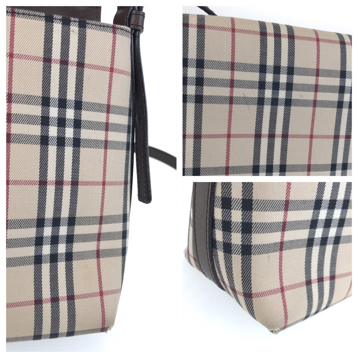 25690
BURBERRY バーバリー チェック柄 ベージュ ブラウン シルバー金具 キャンバス / レザー ショルダーバッグ ポシェット レディース AB28