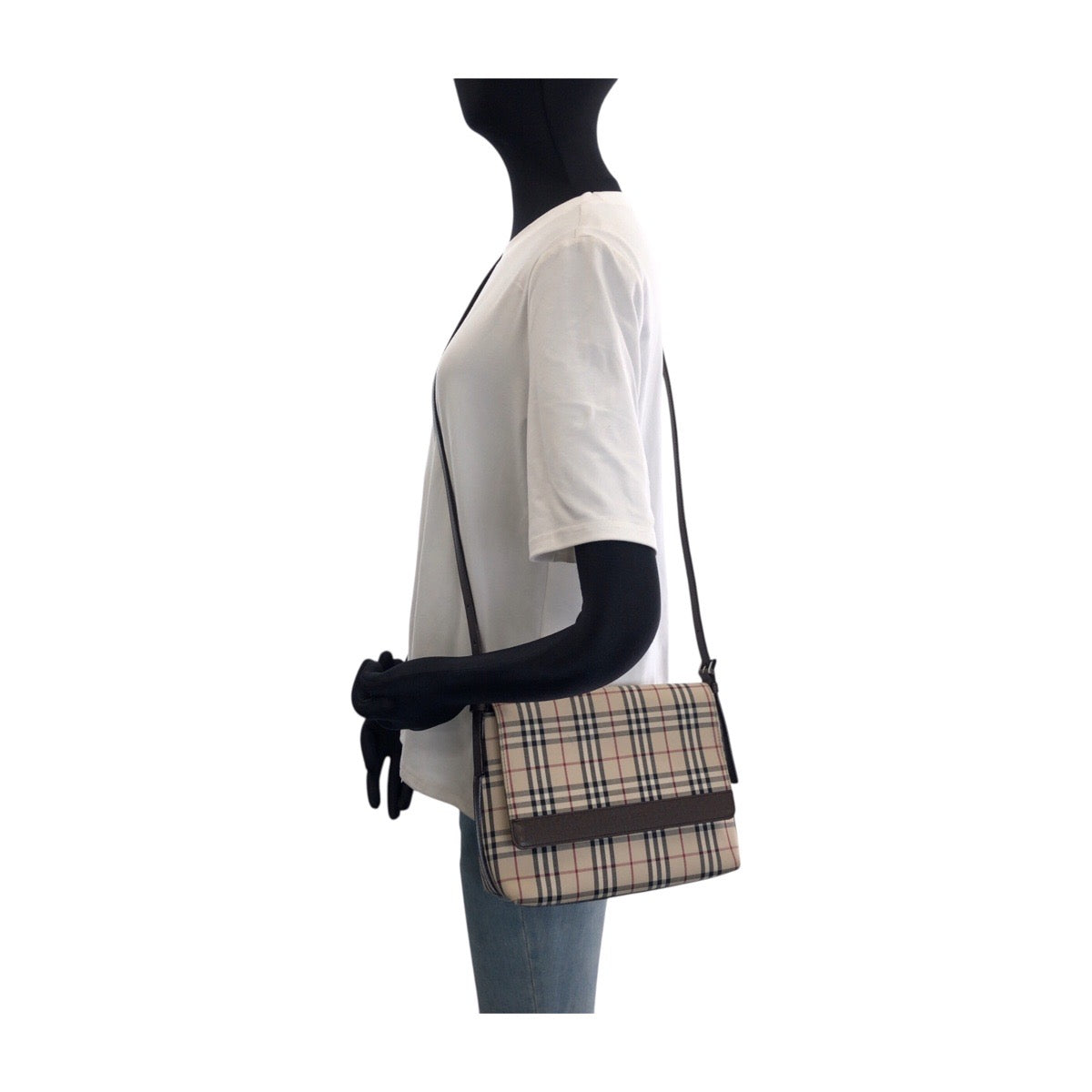 25690
BURBERRY バーバリー チェック柄 ベージュ ブラウン シルバー金具 キャンバス / レザー ショルダーバッグ ポシェット レディース AB28