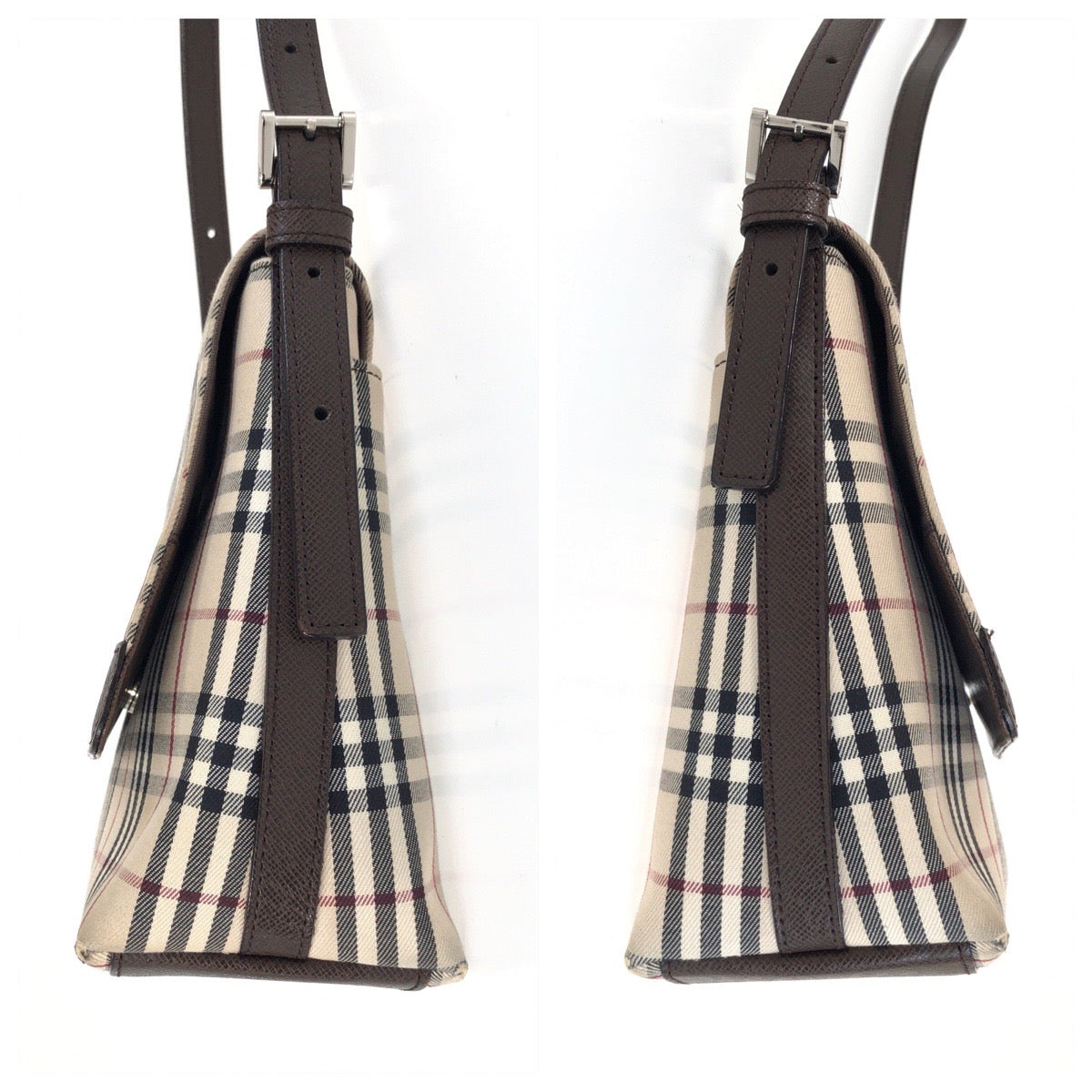 25690
BURBERRY バーバリー チェック柄 ベージュ ブラウン シルバー金具 キャンバス / レザー ショルダーバッグ ポシェット レディース AB28