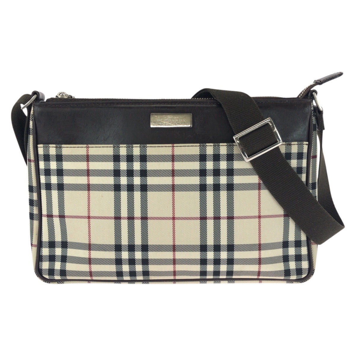 25693
BURBERRY バーバリー チェック柄 ベージュ ダークブラウン シルバー金具 キャンバス / レザー ショルダーバッグ レディース AB21