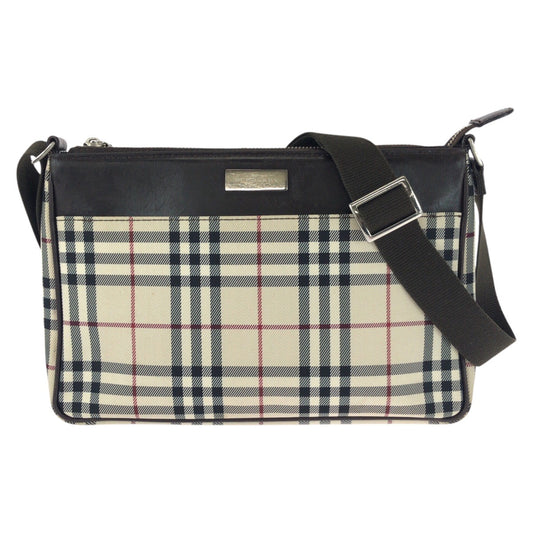 25693
BURBERRY バーバリー チェック柄 ベージュ ダークブラウン シルバー金具 キャンバス / レザー ショルダーバッグ レディース AB21