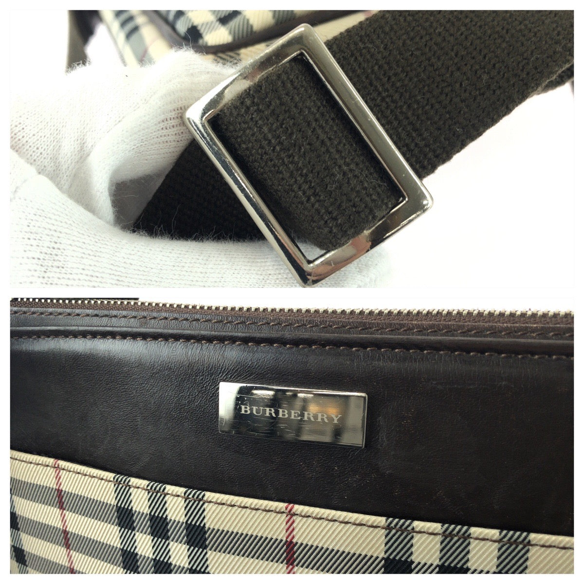 25693
BURBERRY バーバリー チェック柄 ベージュ ダークブラウン シルバー金具 キャンバス / レザー ショルダーバッグ レディース AB21