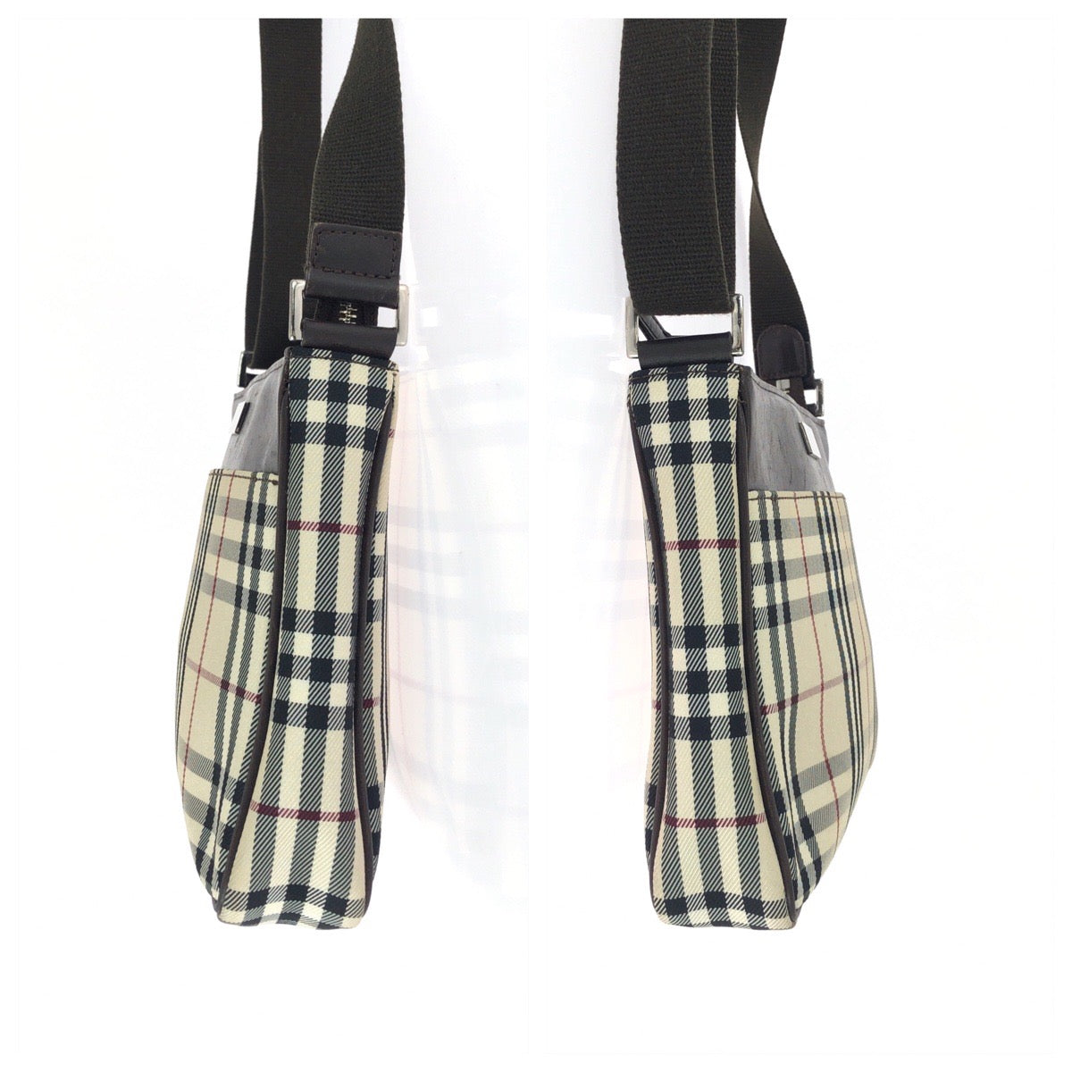 25693
BURBERRY バーバリー チェック柄 ベージュ ダークブラウン シルバー金具 キャンバス / レザー ショルダーバッグ レディース AB21