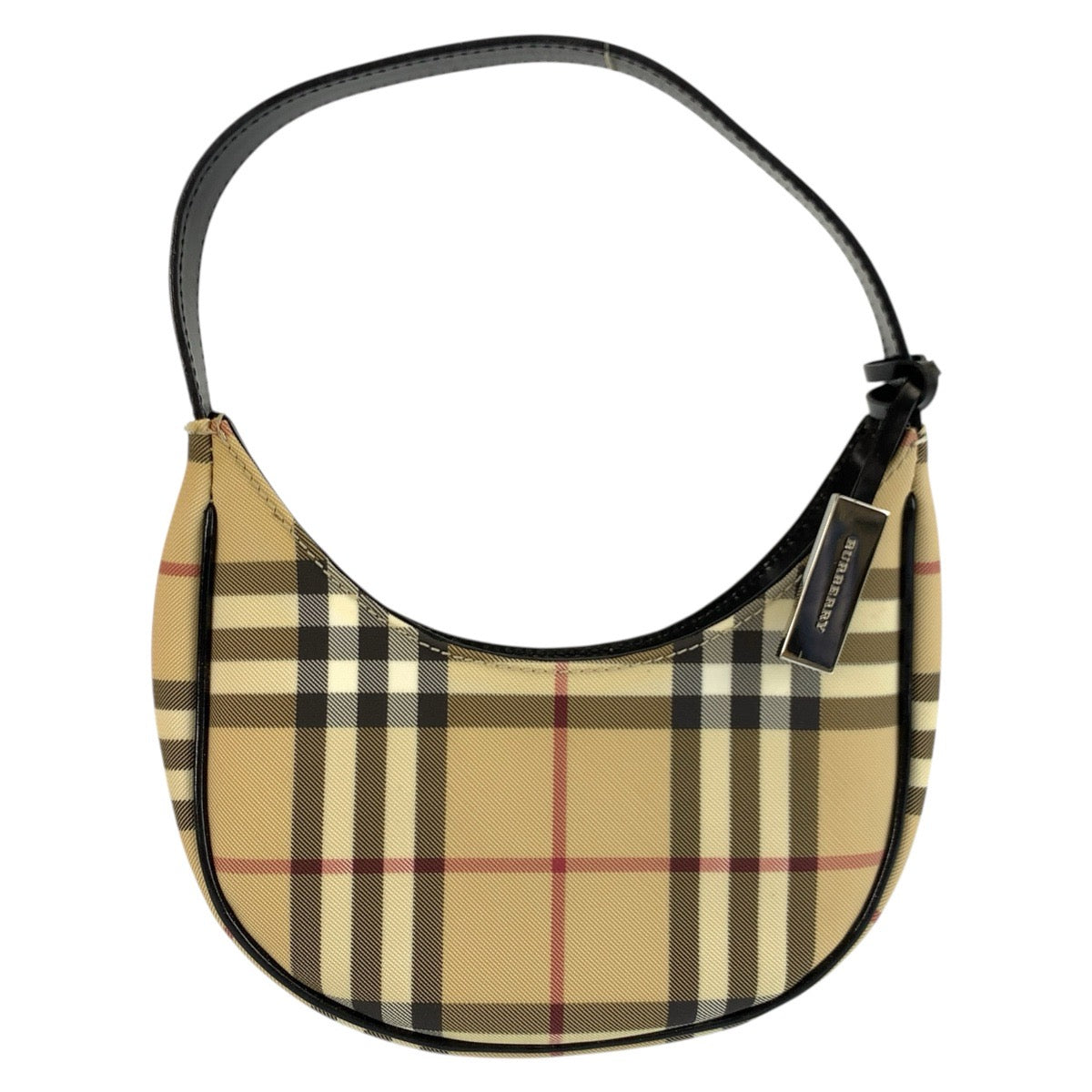 25701
BURBERRY バーバリー チェック柄 ベージュ ブラック シルバー金具 PVC ハンドバッグ ミニホーボー アクセサリーポーチ レディース ABP42