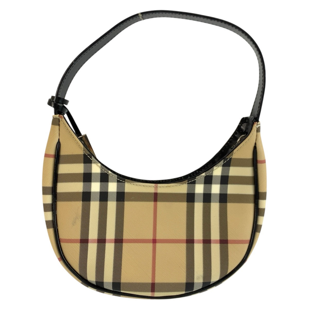 25701
BURBERRY バーバリー チェック柄 ベージュ ブラック シルバー金具 PVC ハンドバッグ ミニホーボー アクセサリーポーチ レディース ABP42