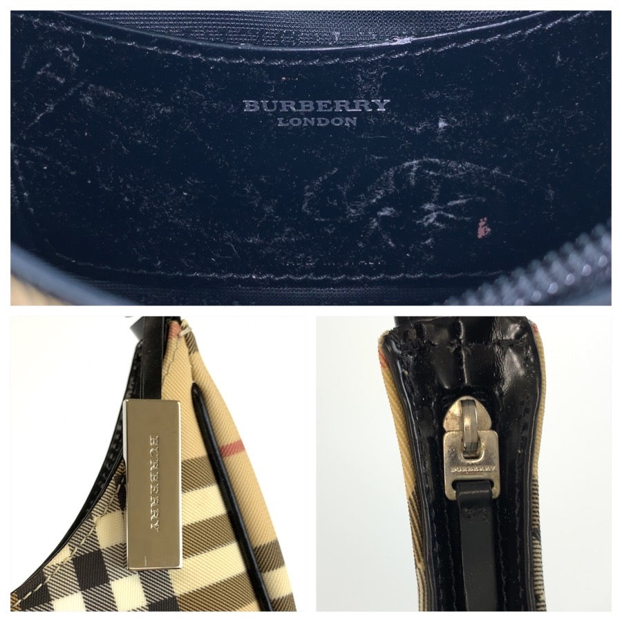 25701
BURBERRY バーバリー チェック柄 ベージュ ブラック シルバー金具 PVC ハンドバッグ ミニホーボー アクセサリーポーチ レディース ABP42