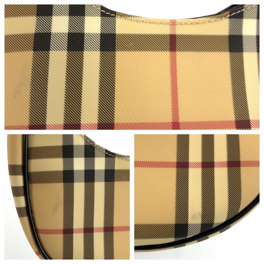 25701
BURBERRY バーバリー チェック柄 ベージュ ブラック シルバー金具 PVC ハンドバッグ ミニホーボー アクセサリーポーチ レディース ABP42
