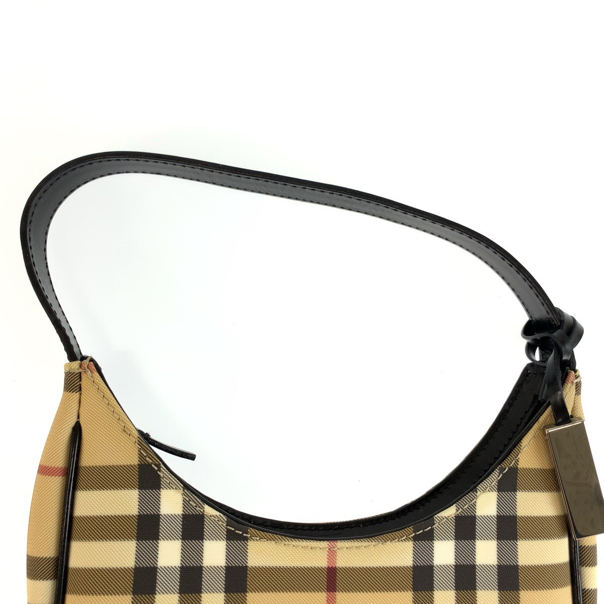 25701
BURBERRY バーバリー チェック柄 ベージュ ブラック シルバー金具 PVC ハンドバッグ ミニホーボー アクセサリーポーチ レディース ABP42