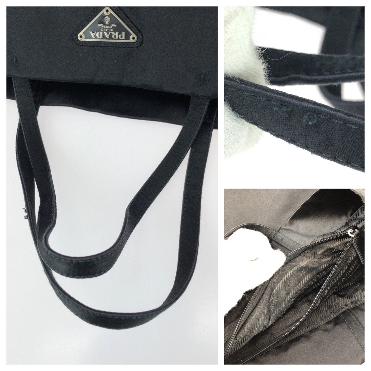 25703
PRADA プラダ 三角ロゴプレート ブラック 黒 シルバー金具 サテン トートバッグ ハンドバッグ レディース ABP35