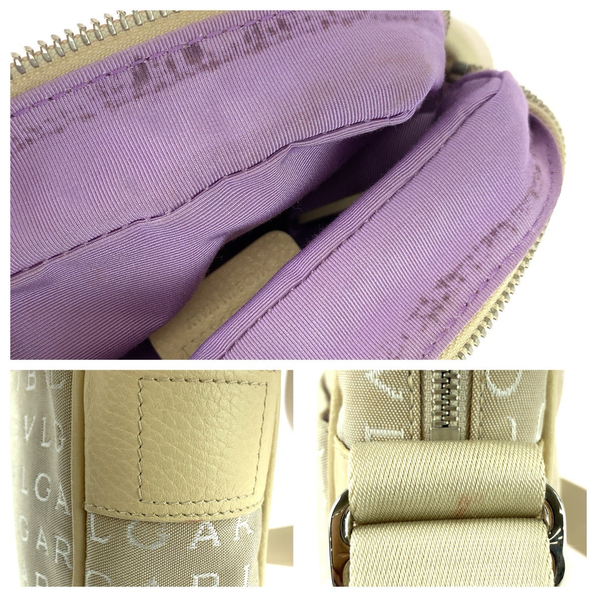 25704
BVLGARI ブルガリ ロゴマニア ベージュ シルバー金具 キャンバス / レザー ショルダーバッグ ポシェット レディース ABP21