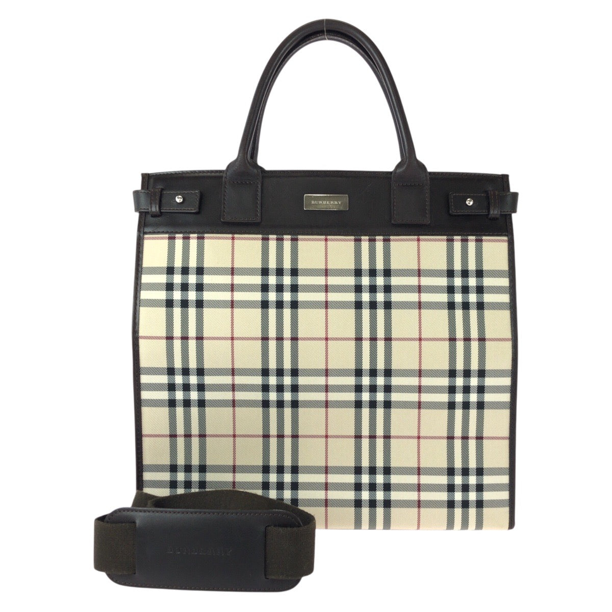25708
BURBERRY バーバリー チェック柄 2way ベージュ ダークブラウン シルバー金具 キャンバス / レザー トートバッグ ショルダーバッグ レディース ABP35