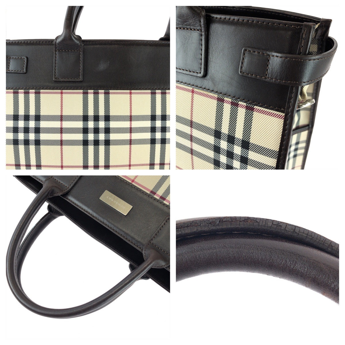 25708
BURBERRY バーバリー チェック柄 2way ベージュ ダークブラウン シルバー金具 キャンバス / レザー トートバッグ ショルダーバッグ レディース ABP35
