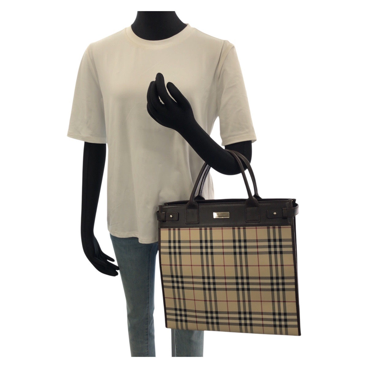 25708
BURBERRY バーバリー チェック柄 2way ベージュ ダークブラウン シルバー金具 キャンバス / レザー トートバッグ ショルダーバッグ レディース ABP35
