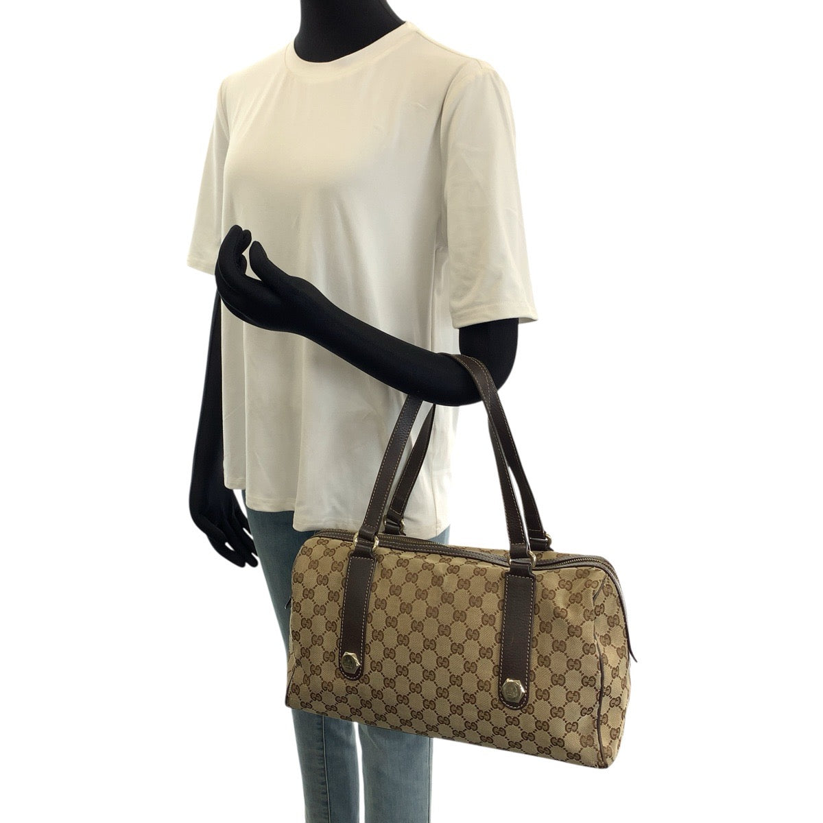 25721
GUCCI グッチ ベージュ ダークブラウン ゴールド金具 GGキャンバス / レザー 154180 ハンドバッグ ミニボストンバッグ レディース B21