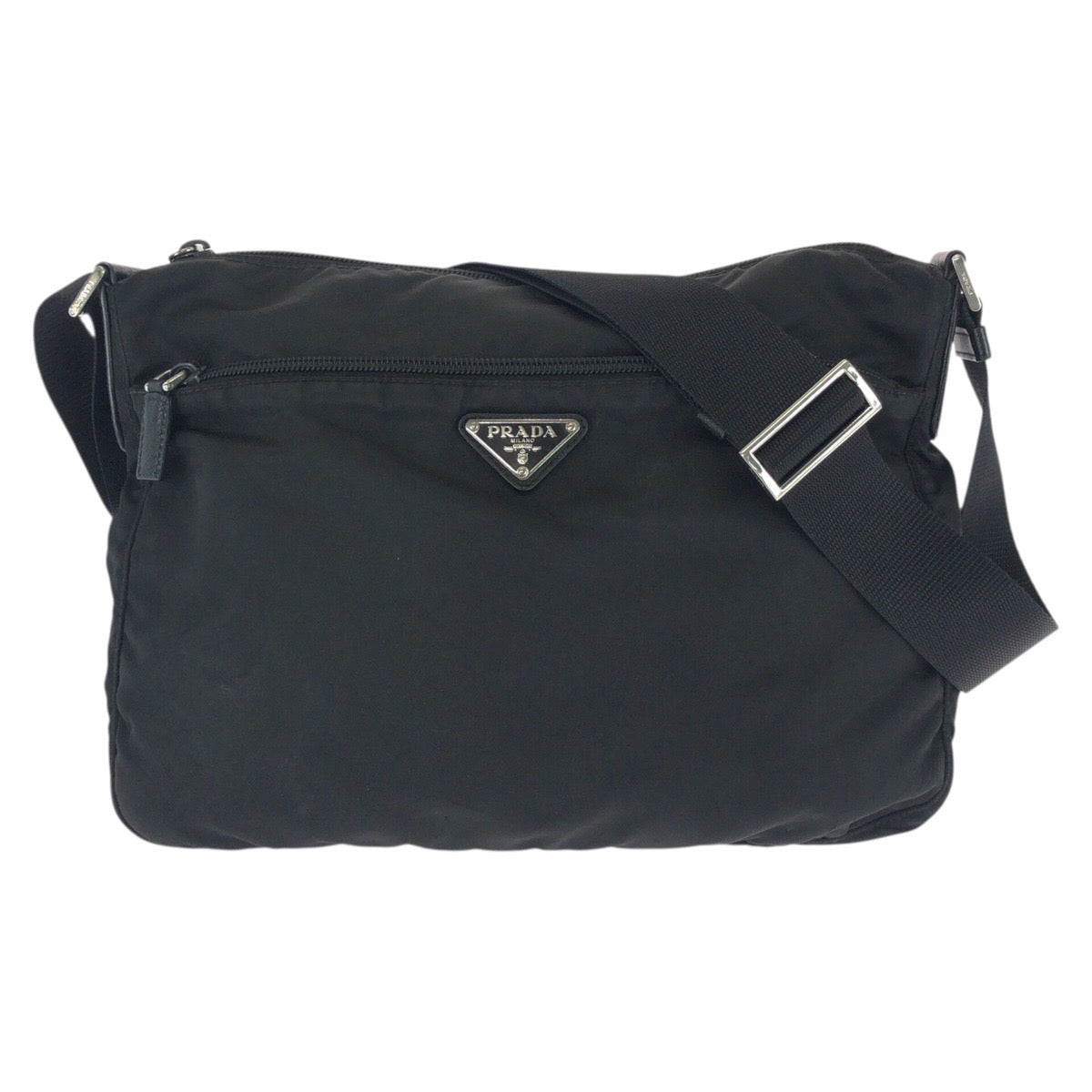 25730
PRADA プラダ テスート サフィアーノ 三角ロゴプレート ブラック 黒 シルバー金具 ナイロン / レザー ショルダーバッグ メッセンジャーバッグ レディース ABP30