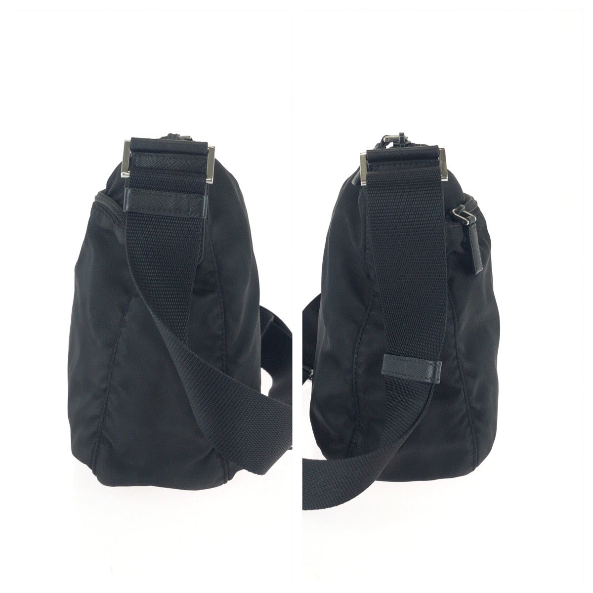 25730
PRADA プラダ テスート サフィアーノ 三角ロゴプレート ブラック 黒 シルバー金具 ナイロン / レザー ショルダーバッグ メッセンジャーバッグ レディース ABP30