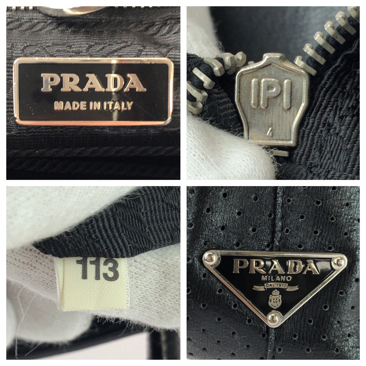 25732
PRADA プラダ 三角ロゴプレート ブラック 黒 シルバー金具 パンチングレザー トートバッグ レディース ABP42