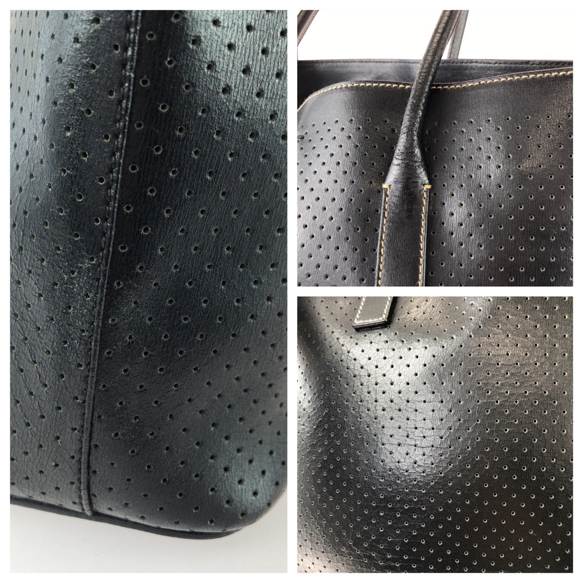 25732
PRADA プラダ 三角ロゴプレート ブラック 黒 シルバー金具 パンチングレザー トートバッグ レディース ABP42