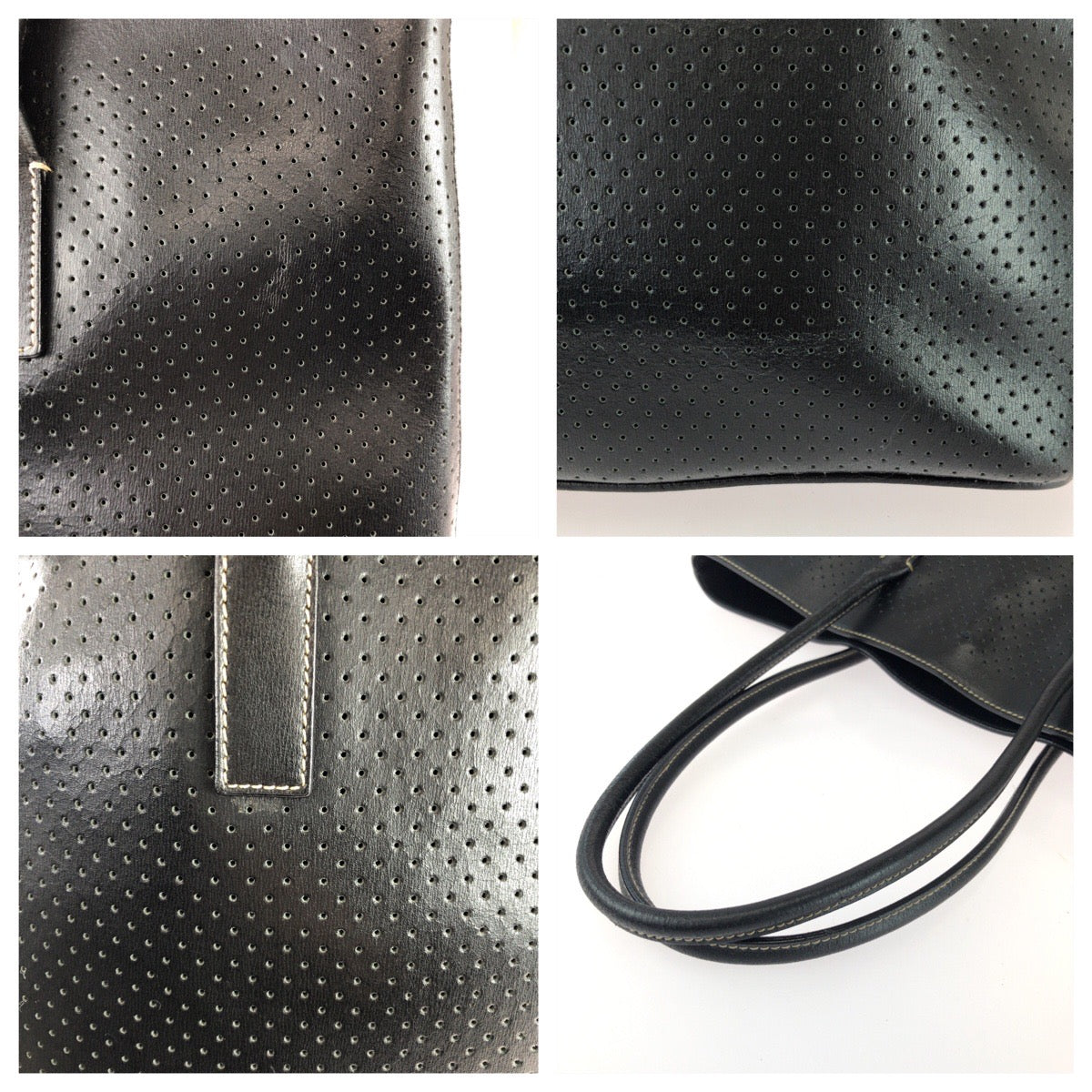 25732
PRADA プラダ 三角ロゴプレート ブラック 黒 シルバー金具 パンチングレザー トートバッグ レディース ABP42