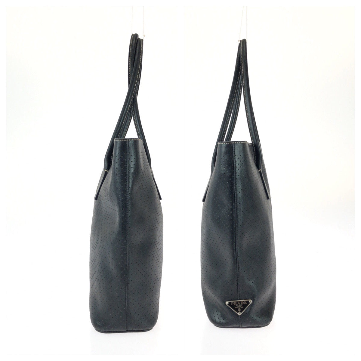 25732
PRADA プラダ 三角ロゴプレート ブラック 黒 シルバー金具 パンチングレザー トートバッグ レディース ABP42