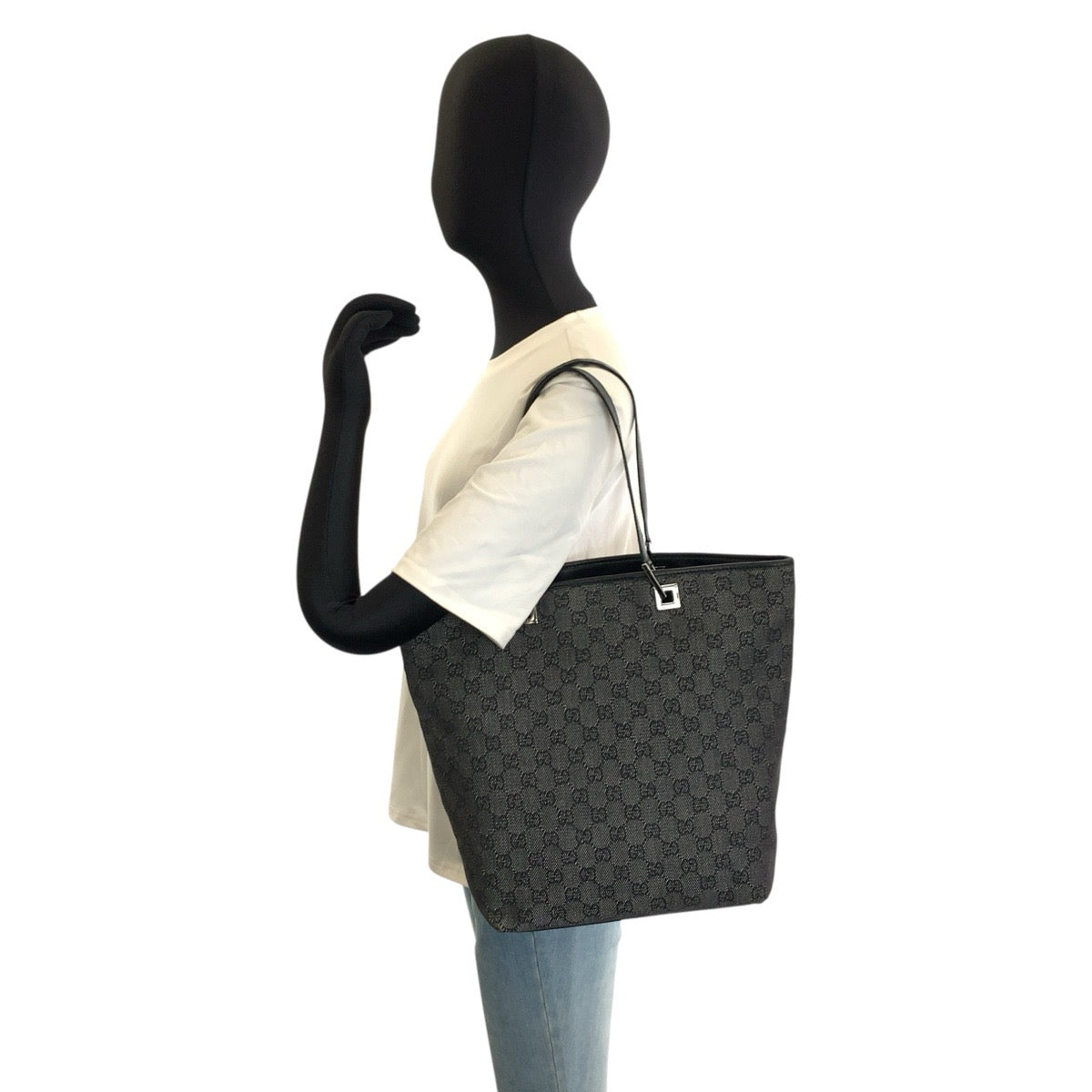 25735
GUCCI グッチ ブラック 黒 シルバー金具 GGキャンバス / レザー 31243 トートバッグ ショルダーバッグ レディース AB35