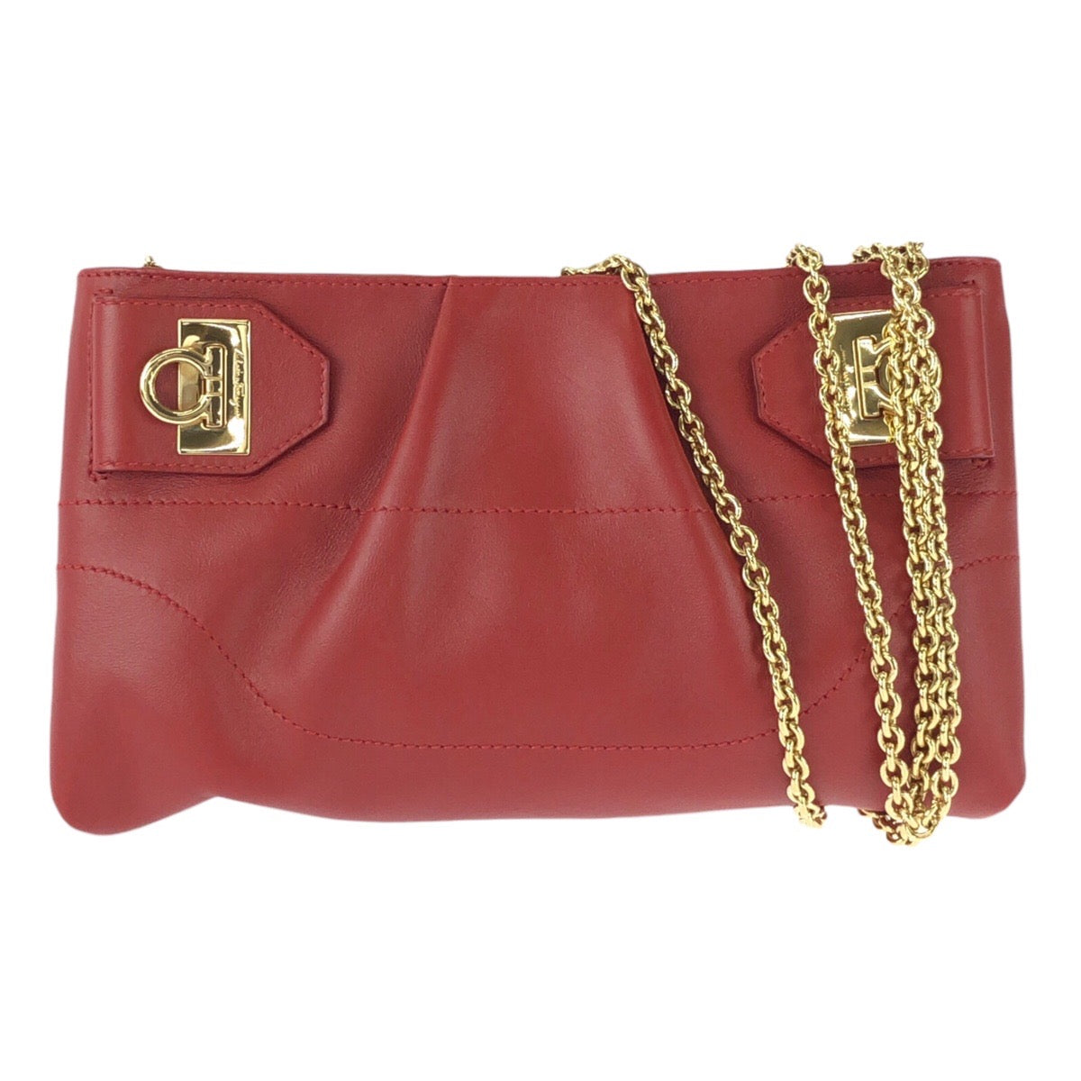 25740
Salvatore Ferragamo サルヴァトーレフェラガモ ガンチーニ 2way レッド ゴールド金具 レザー AU-22/B588 チェーンショルダーバッグ クラッチバッグ レディース A42