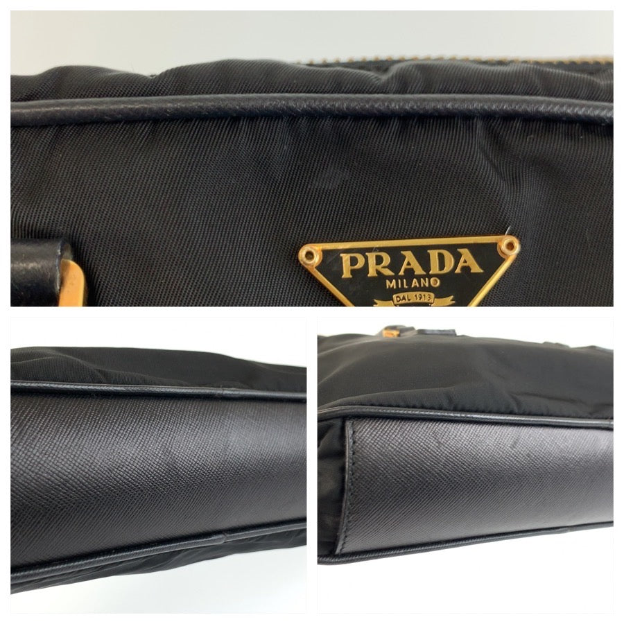 25753
PRADA プラダ テスート 三角ロゴプレート ブラック 黒 ゴールド金具 ナイロン / レザー ハンドバッグ ミニボストンバッグ レディース ABP42