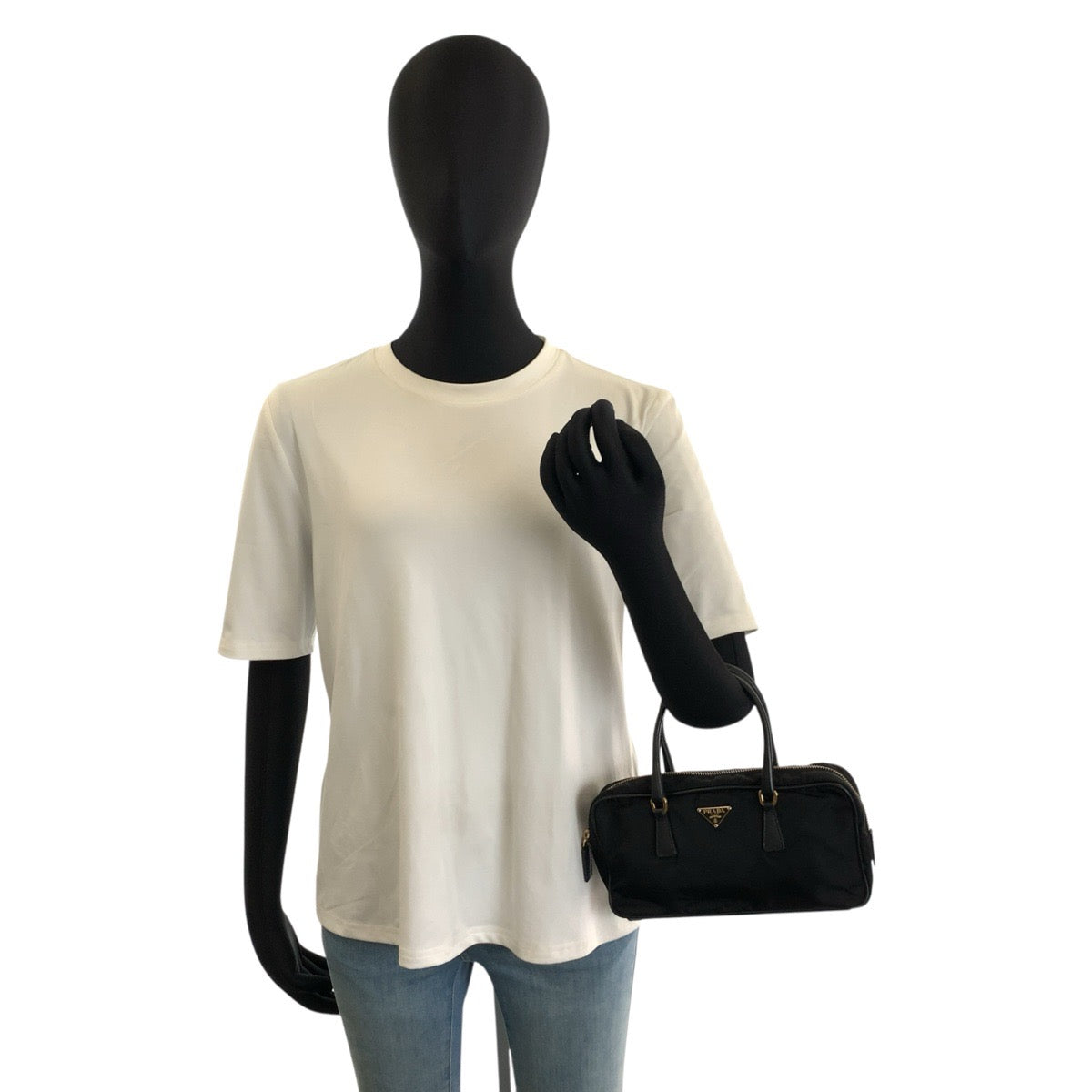 25753
PRADA プラダ テスート 三角ロゴプレート ブラック 黒 ゴールド金具 ナイロン / レザー ハンドバッグ ミニボストンバッグ レディース ABP42