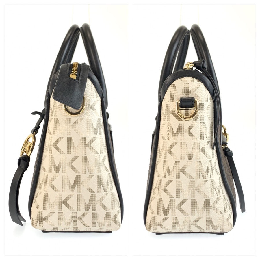 25758
Michael Kors マイケルコース MKシグネチャー サッチェル ブラウン ホワイト ブラック PVC 30S0GCCS1V ハンドバッグ ショルダーバッグ レディース ABP14