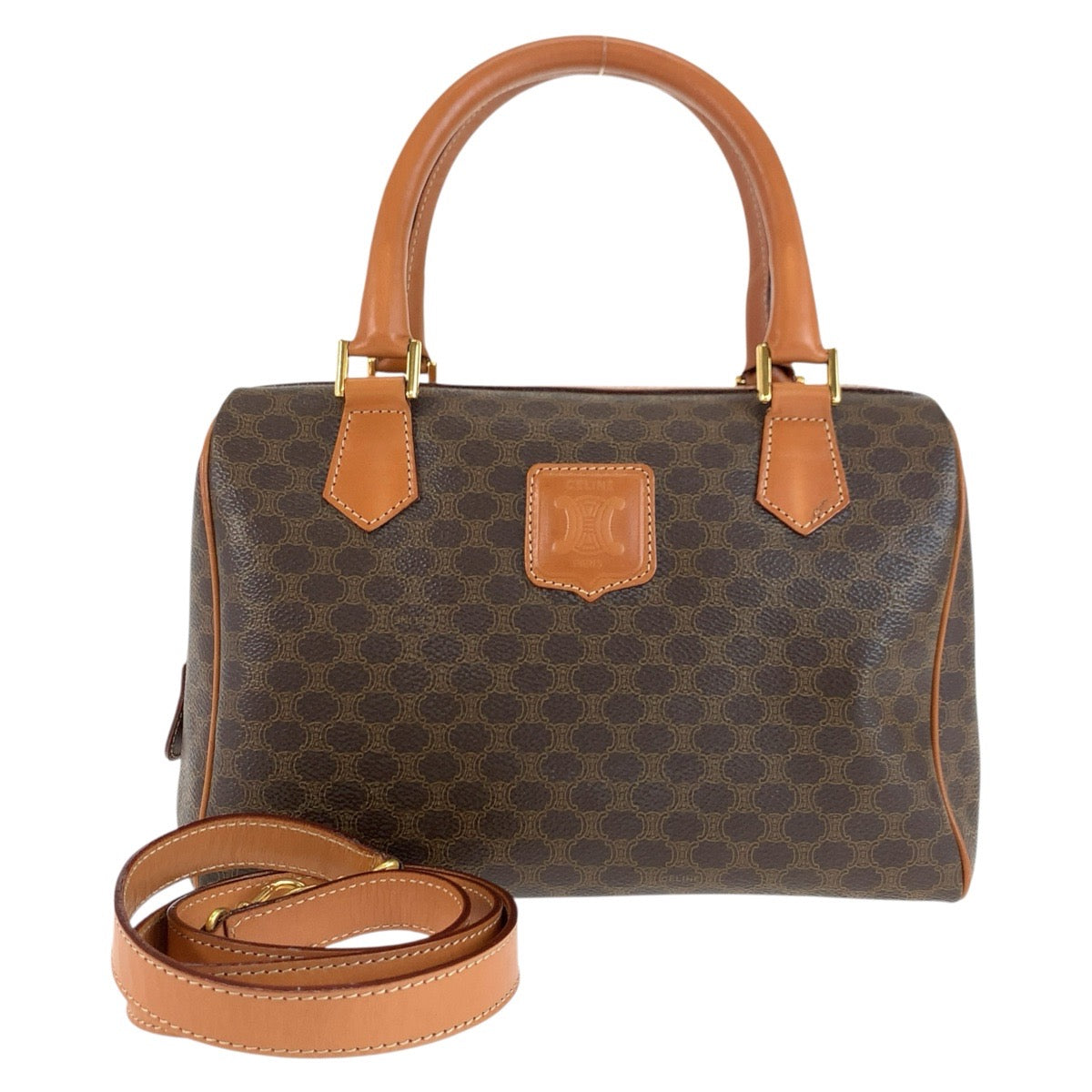 25760
CELINE セリーヌ ヴィンテージ マカダム ブラウン ゴールド金具 PVC / レザー M14 ハンドバッグ ミニ ボストンバッグ ショルダーバッグ 2way レディース ABP42