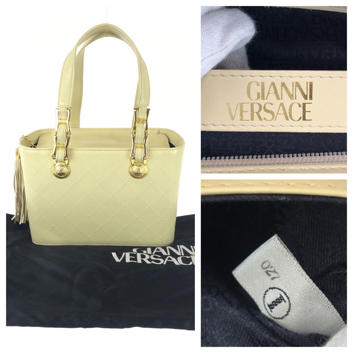 25763
VERSACE ヴェルサーチ ヴィンテージ サンバースト タッセル イエロー ゴールド金具 レザー / メッキ ハンドバッグ レディース ABP35