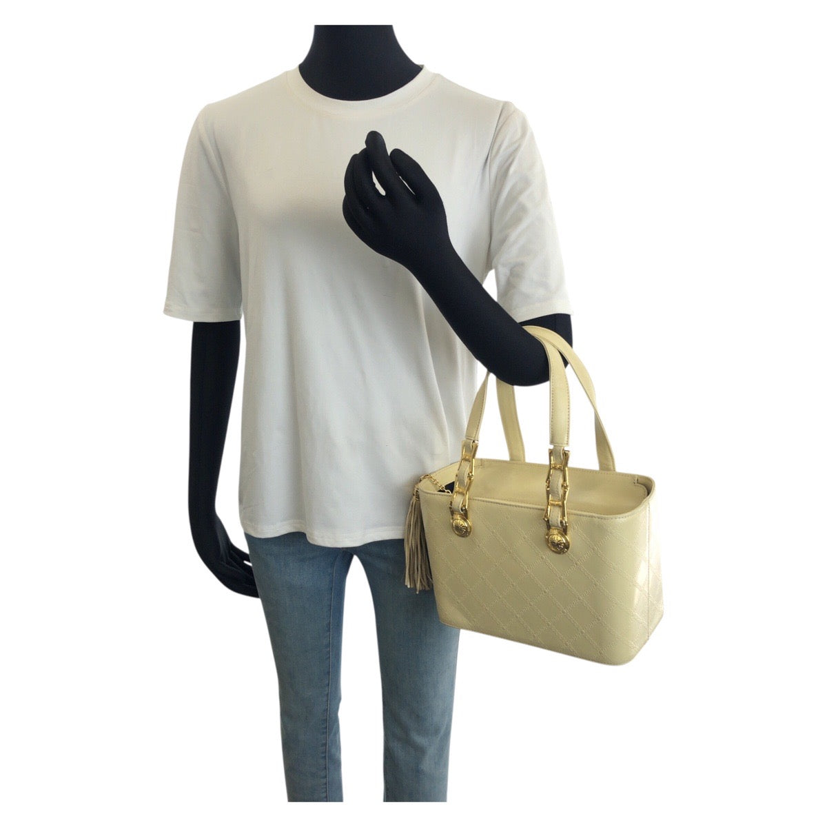 25763
VERSACE ヴェルサーチ ヴィンテージ サンバースト タッセル イエロー ゴールド金具 レザー / メッキ ハンドバッグ レディース ABP35