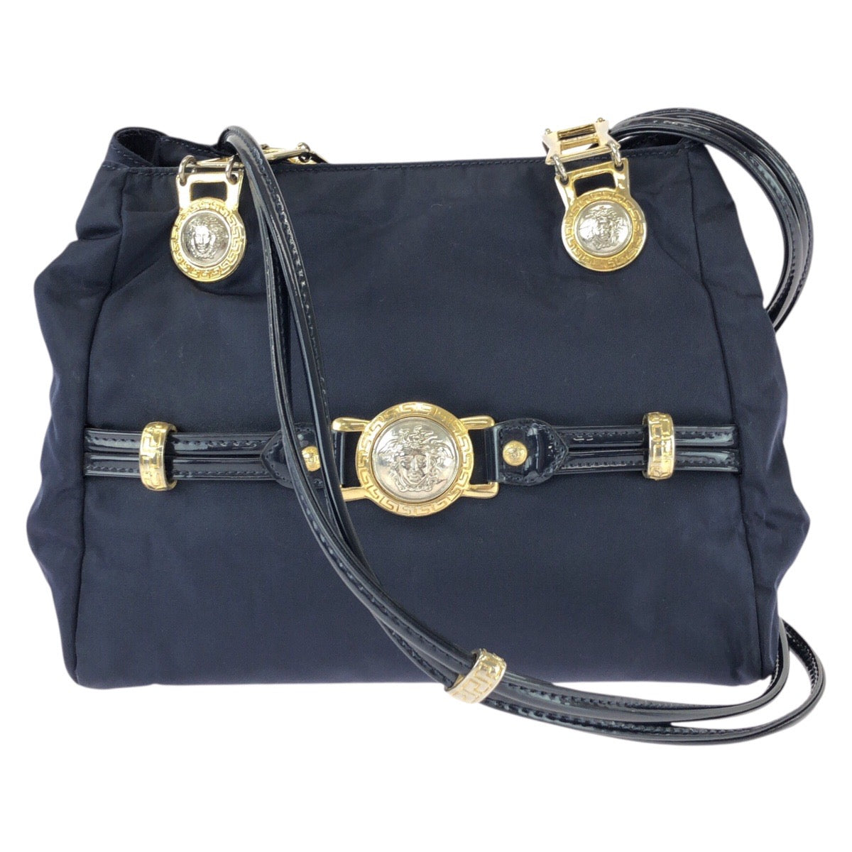 25765
VERSACE ヴェルサーチ ヴィンテージ メデューサ ネイビー ゴールド金具 ナイロン / パテントレザー ショルダーバッグ レディース ABP35