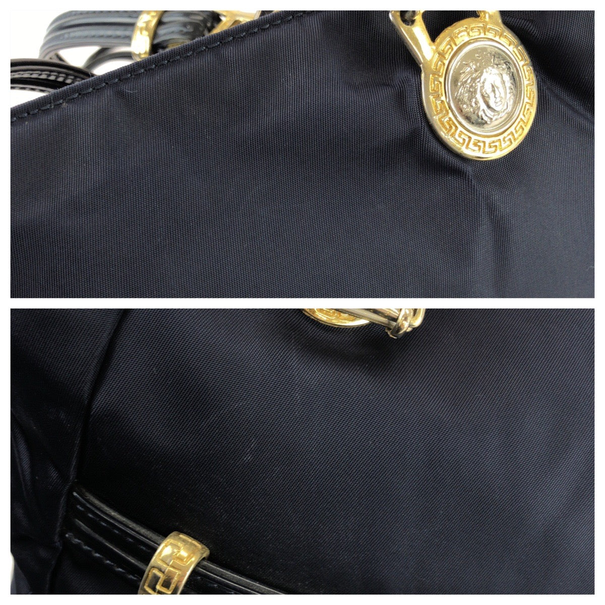 25765
VERSACE ヴェルサーチ ヴィンテージ メデューサ ネイビー ゴールド金具 ナイロン / パテントレザー ショルダーバッグ レディース ABP35