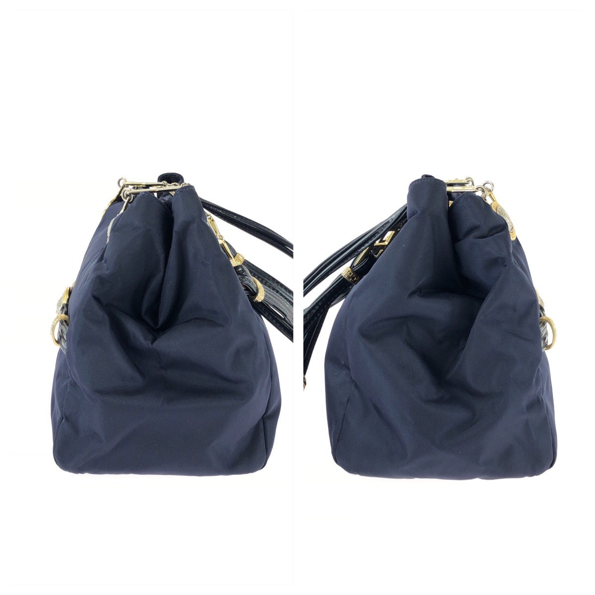 25765
VERSACE ヴェルサーチ ヴィンテージ メデューサ ネイビー ゴールド金具 ナイロン / パテントレザー ショルダーバッグ レディース ABP35