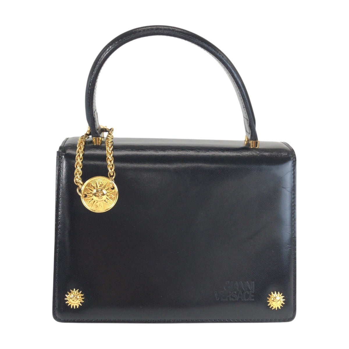 25854
VERSACE ヴェルサーチ サンバースト ブラック 黒 ゴールド金具 レザー ハンドバッグ レディース ABP