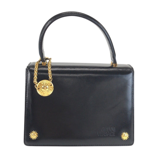 25854
VERSACE ヴェルサーチ サンバースト ブラック 黒 ゴールド金具 レザー ハンドバッグ レディース ABP