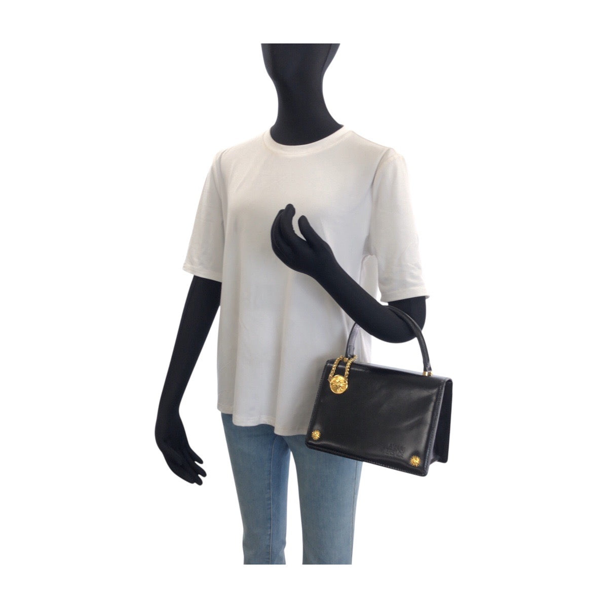 25854
VERSACE ヴェルサーチ サンバースト ブラック 黒 ゴールド金具 レザー ハンドバッグ レディース ABP