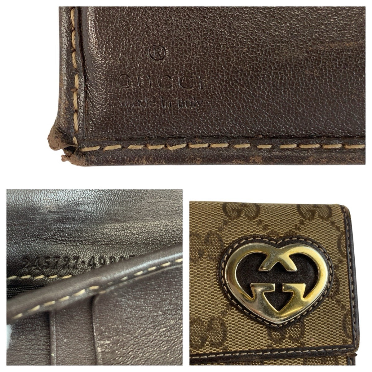 25869
GUCCI グッチ ラブリー ブラウン ベージュ ゴールド金具 GGキャンバス / レザー 245727 折財布 コンパクトウォレット レディース B3
