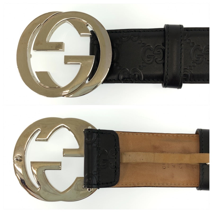 25901
GUCCI グッチ インターロッキング 85cm/34インチ ブラック 黒 シルバー金具 レザー 411924 ベルト バックル メンズ ABP26