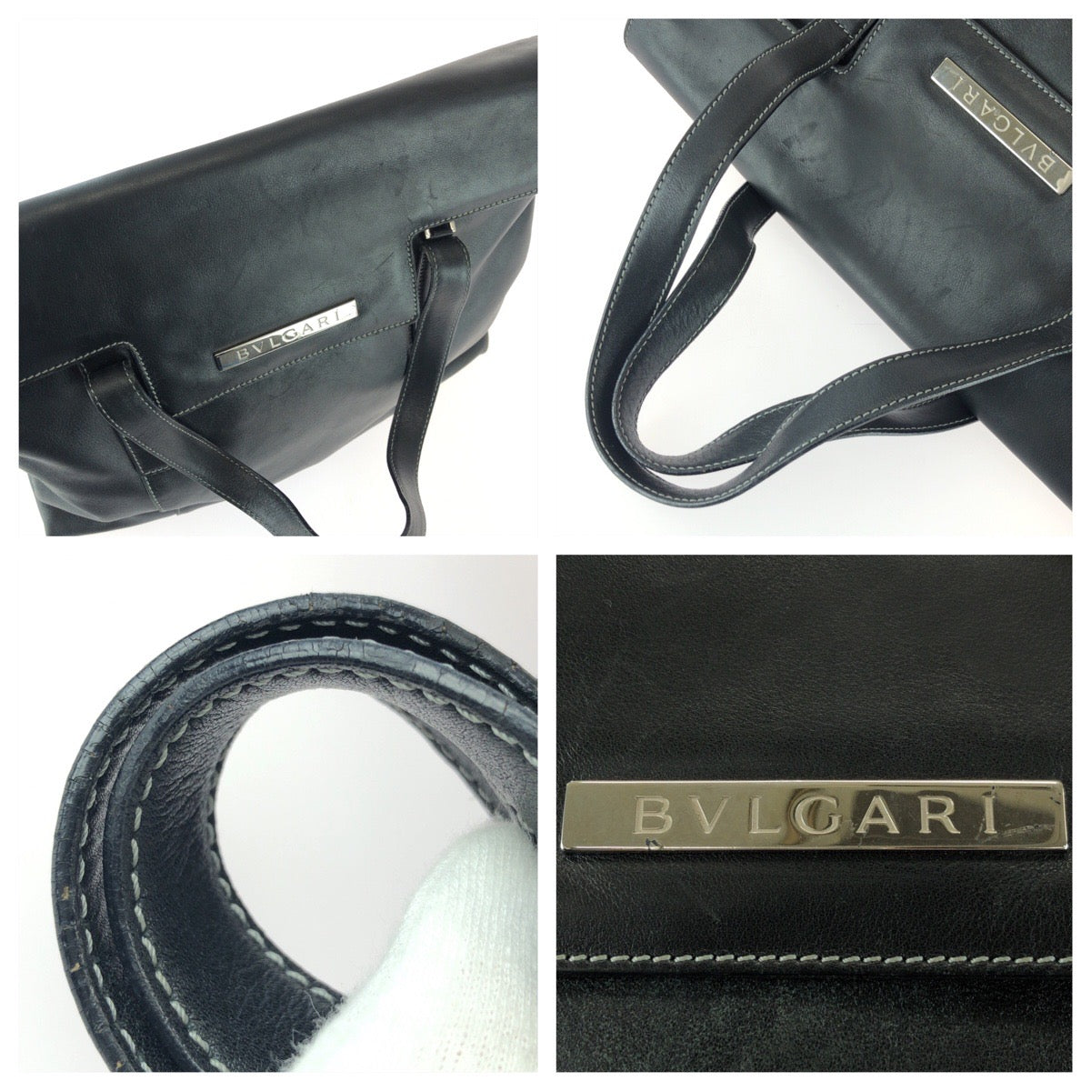 25904
BVLGARI ブルガリ ヴィンテージ 2way ブラック 黒 シルバー金具 レザー トートバッグ ショルダーバッグ レディース AB22