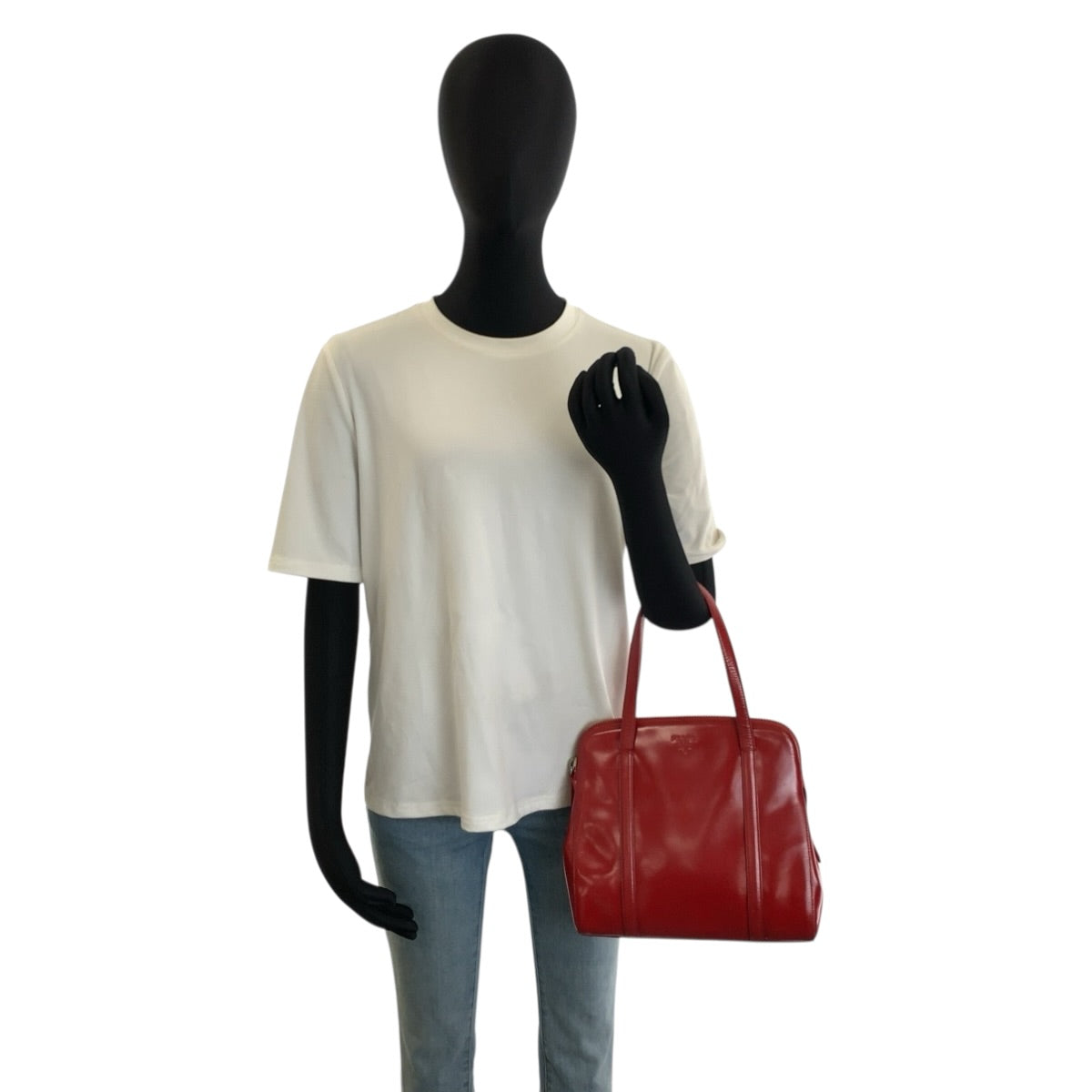 25905
PRADA プラダ レッド シルバー金具 パテントレザー ハンドバッグ トートバッグ レディース AB35