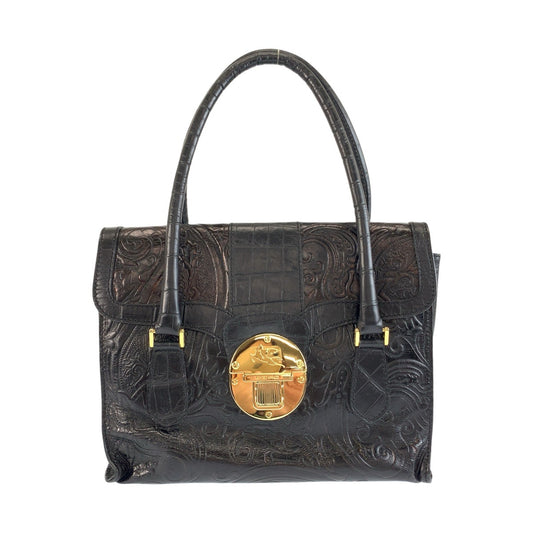 25909
ETRO エトロ 型押し ブラック 黒 ゴールド金具 レザー ハンドバッグ レディース AB21