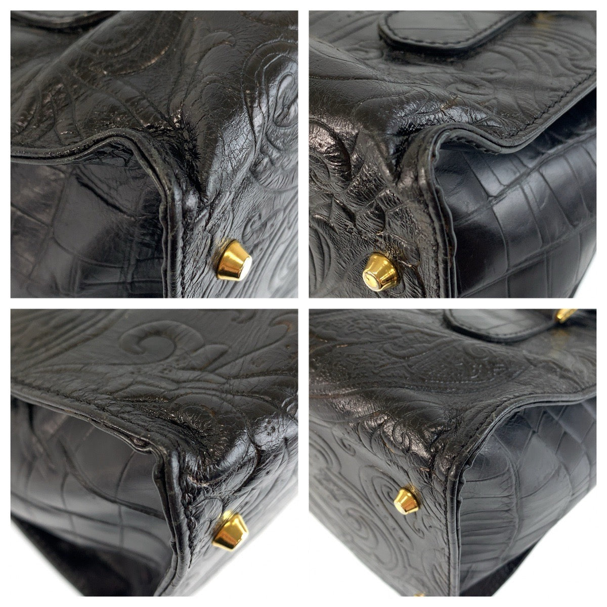 25909
ETRO エトロ 型押し ブラック 黒 ゴールド金具 レザー ハンドバッグ レディース AB21