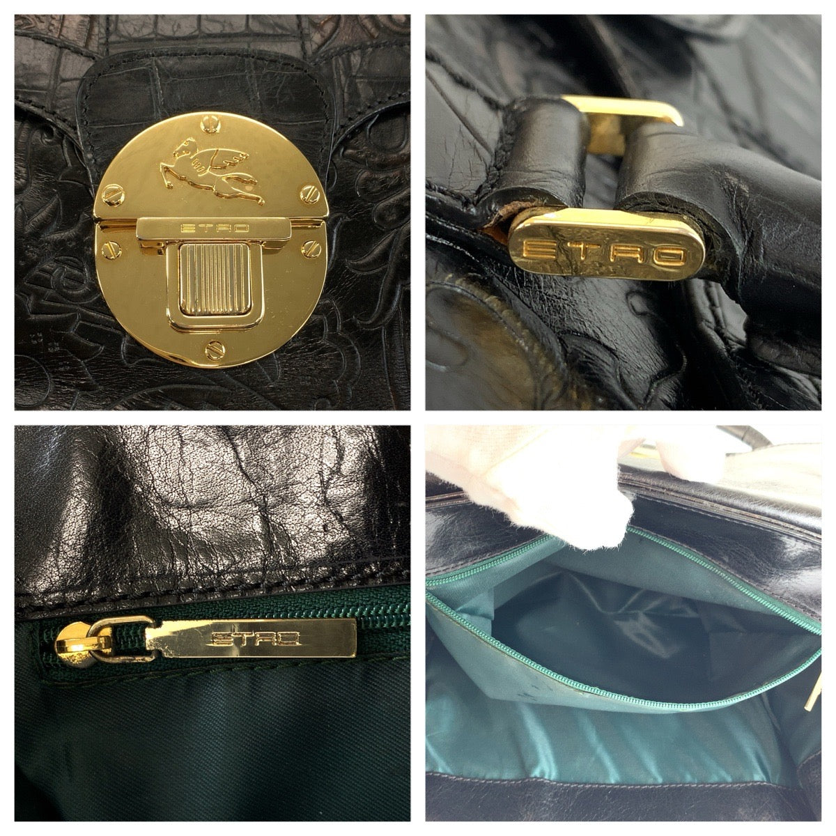 25909
ETRO エトロ 型押し ブラック 黒 ゴールド金具 レザー ハンドバッグ レディース AB21