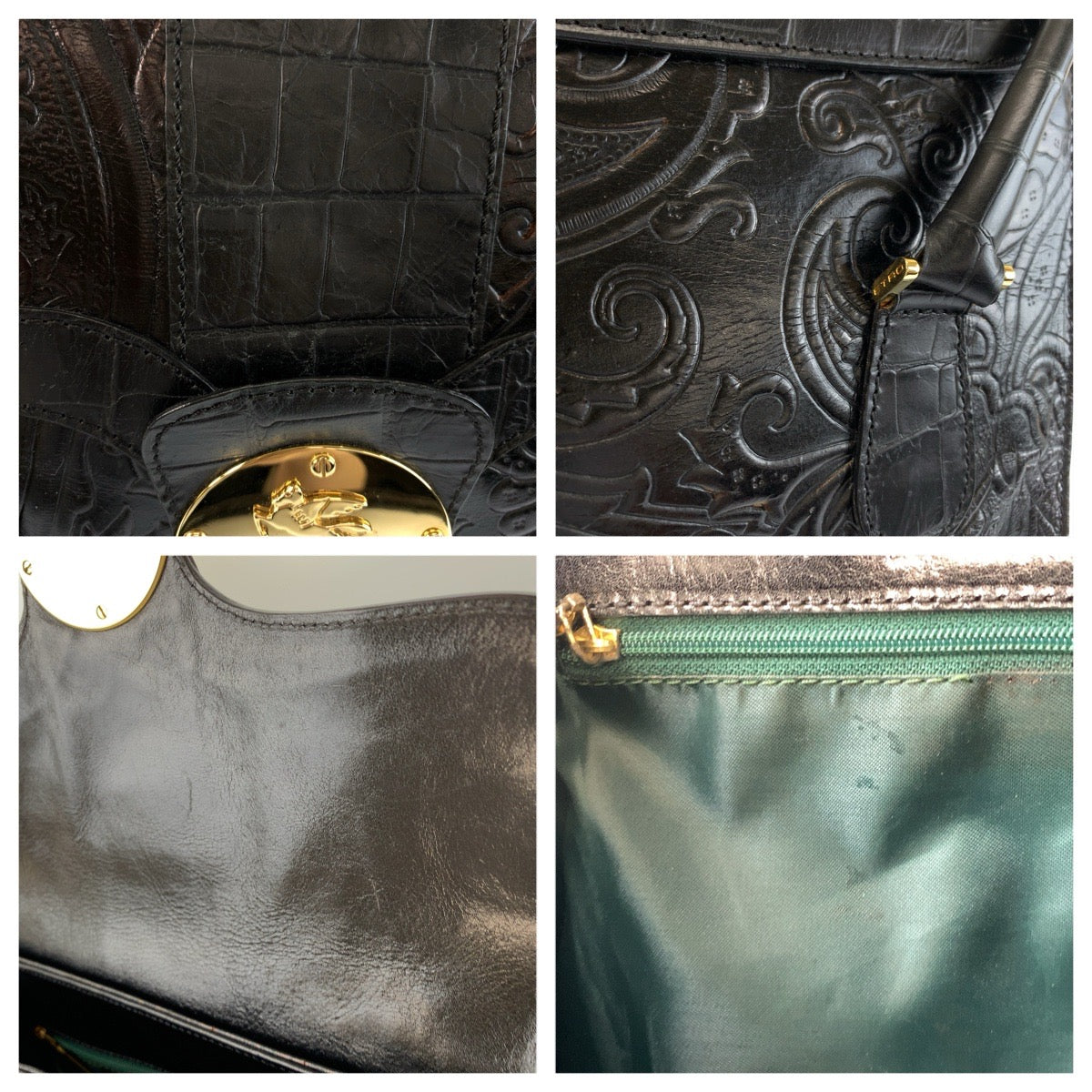 25909
ETRO エトロ 型押し ブラック 黒 ゴールド金具 レザー ハンドバッグ レディース AB21